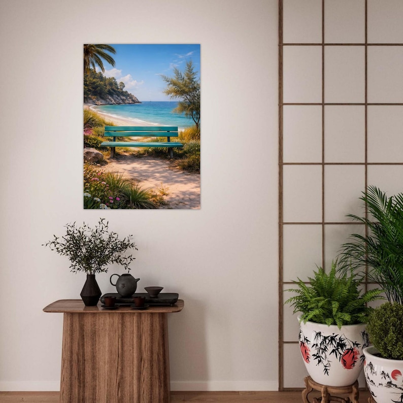 Coastal Bench Poster – Mediterranean Beach Landscape Print, Boho ...