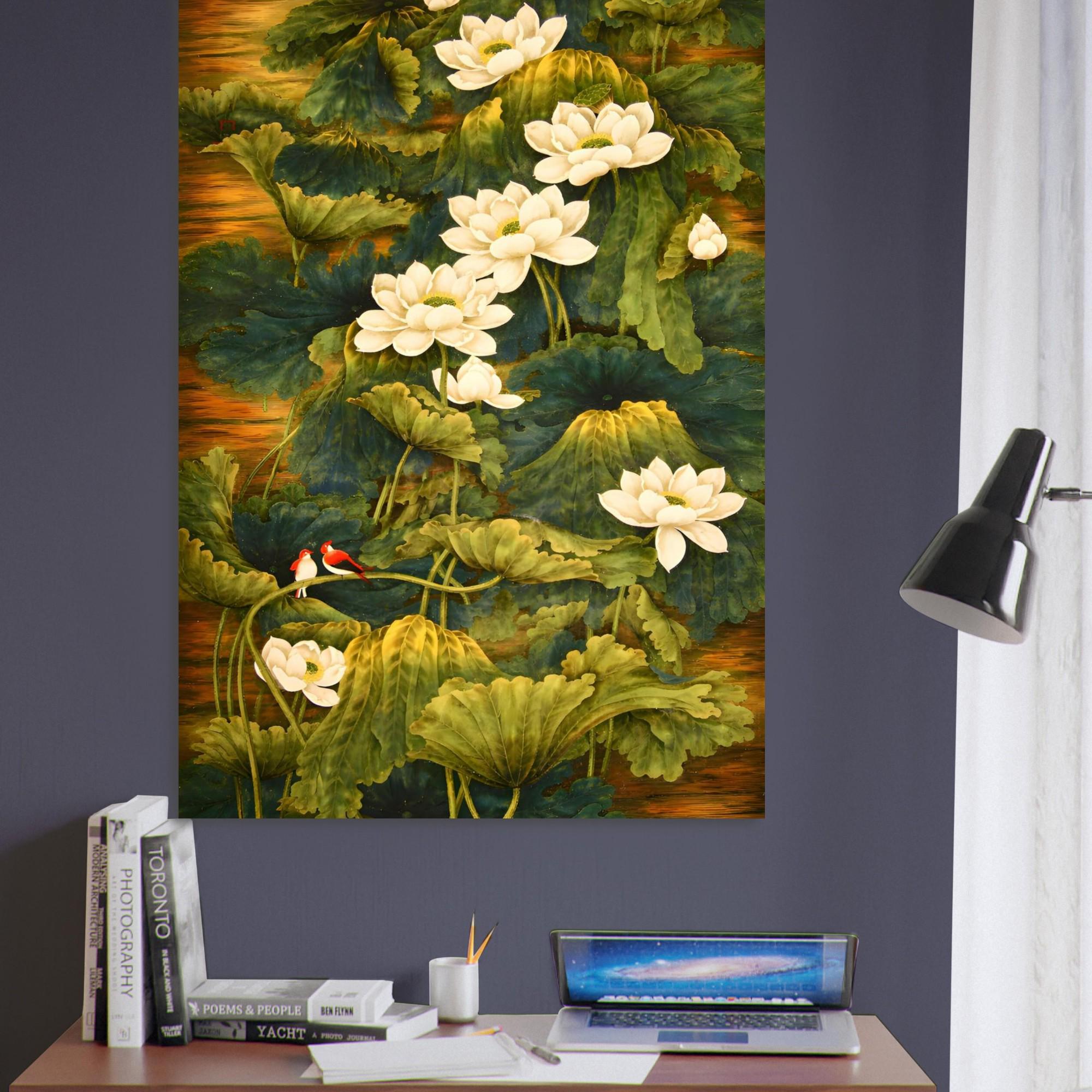 Chinese Lotus Flower Art Print | Green Botanical Wall Decor, Feng Shui ...