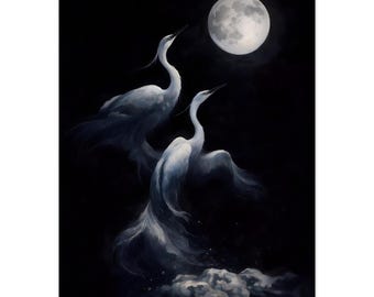 May include: A painting of two white birds with long necks and outstretched wings, set against a dark background. A full moon shines brightly above them. The birds appear to be in flight, with a cloud-like formation below.