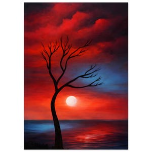 May include: An original painting showing a sunset over water. The sky is a vibrant mix of red and blue hues, with a silhouetted tree in the foreground. A bright white sun is visible. The water reflects the colours of the sky.
