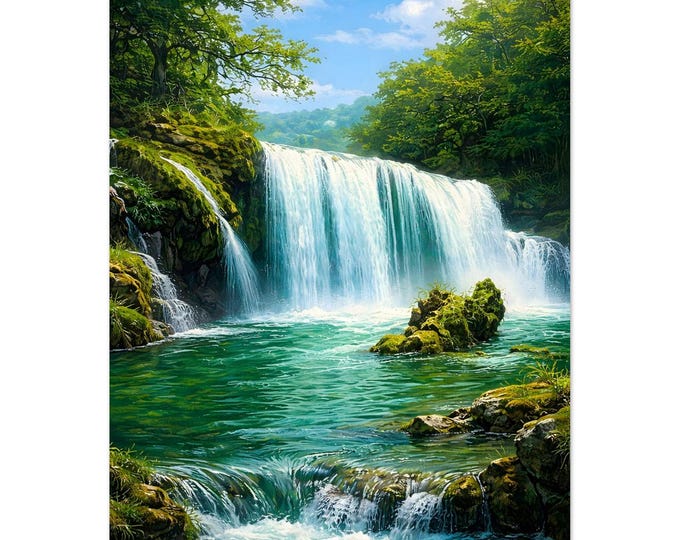 Featured listing image: Waterfall Landscape Poster - Serene Nature Wall Art Print - Handmade Home Decor