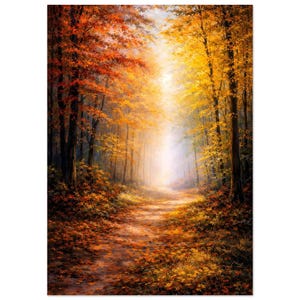 May include: A painting of an autumnal forest with a path winding through it. The trees display rich hues of red, orange, and yellow. Sunlight filters through the foliage, highlighting the path and creating a warm, inviting atmosphere.