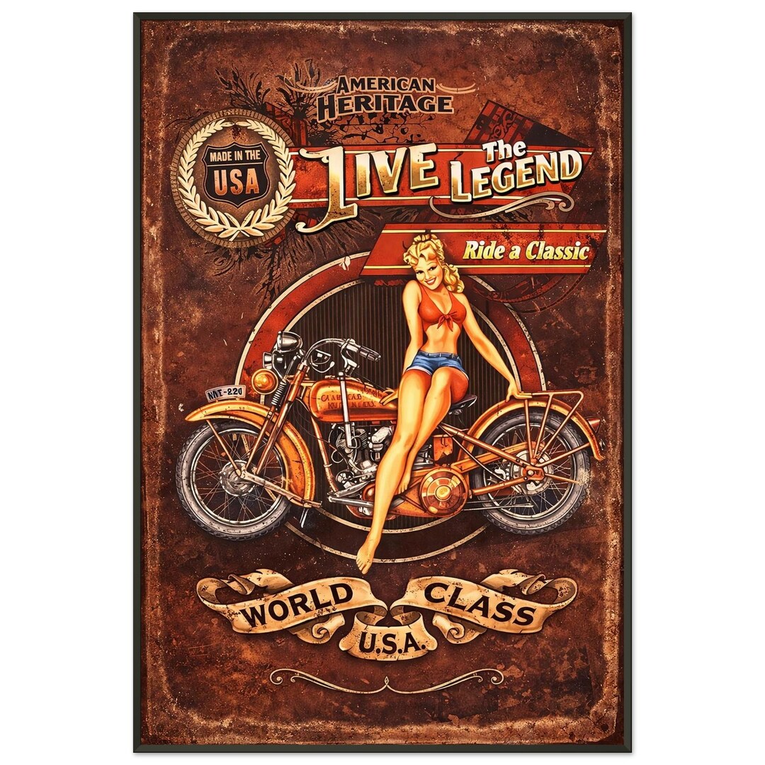 Vintage Motorcycle Pin-up Poster | Retro USA Biker Wall Art | Framed ...