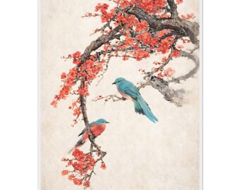 Op de afbeelding: Waterverfschilderij van twee vogels die op een tak van een bloeiende boom zitten. De vogels hebben een blauw en rood verenkleed en de boom heeft rode bloesems. De achtergrond is zacht off-white.