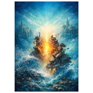 May include: A vibrant digital painting depicting two merfolk figures positioned on rocky outcrops amidst a turbulent blue ocean. A brilliant golden light emanates from the centre, illuminating underwater castles, schools of small fish, and bubbles.