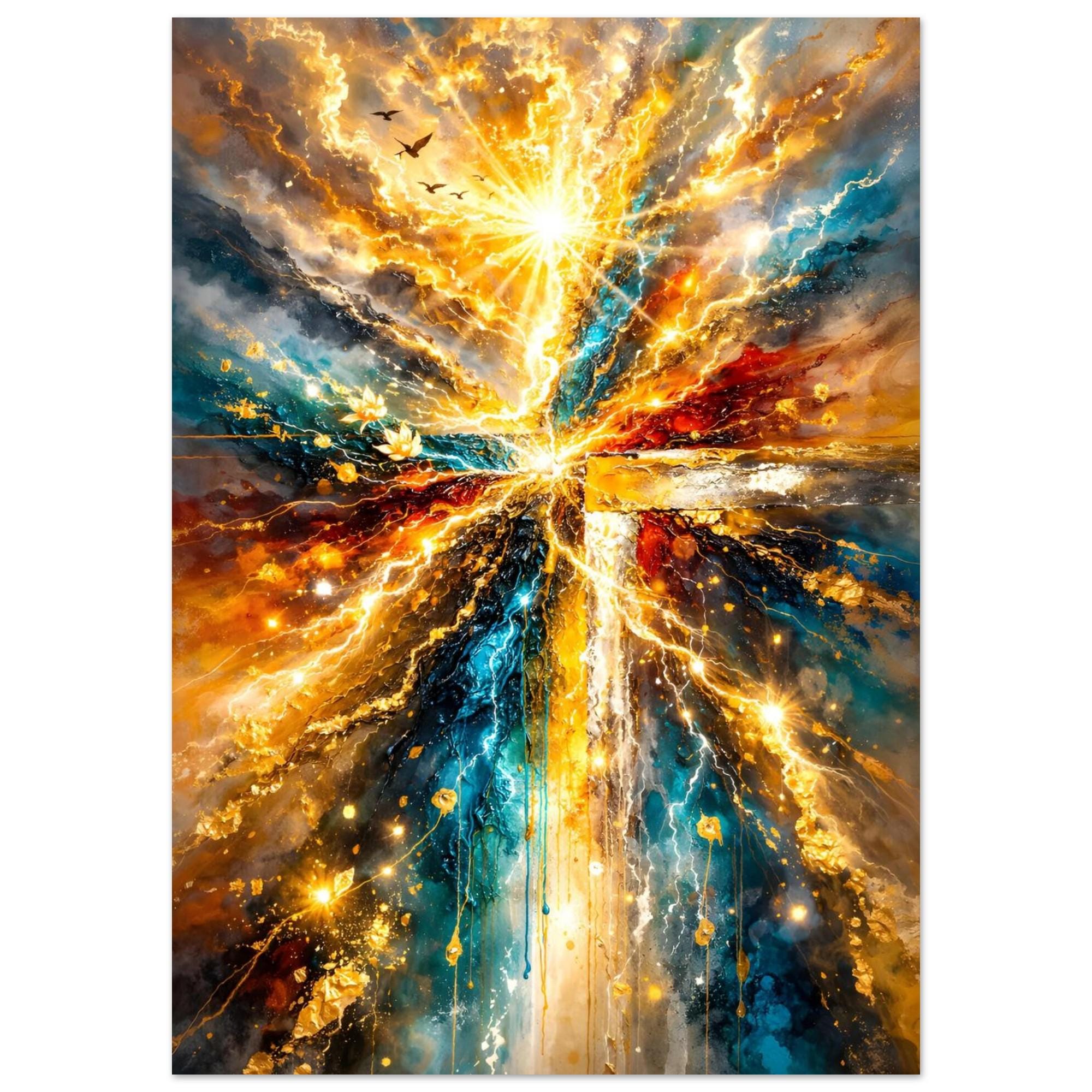 Golden Light Abstract Cross Print Spiritual Radiant Energy Canvas Poster