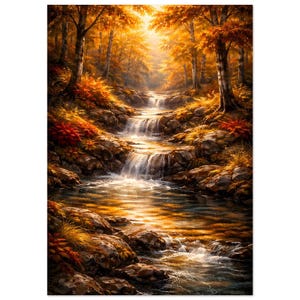 Könnte beinhalten: Ein lebendiges Gemälde einer herbstlichen Waldszene. Ein Wasserfall fließt durch eine felsige Landschaft, umgeben von Bäumen mit goldenem und orangefarbenem Laub. Das Sonnenlicht scheint durch die Bäume und erzeugt eine warme, einladende Atmosphäre.