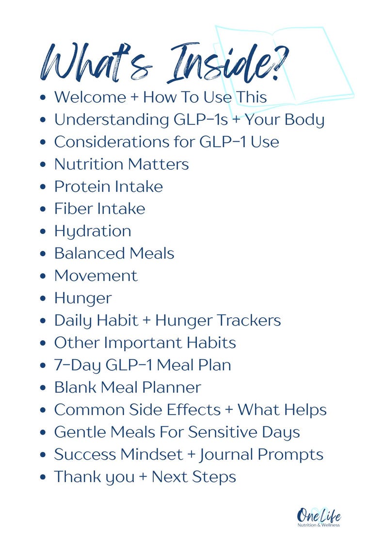 May include: A white graphic with the title "What's Inside?" and a list of topics including nutrition, meal planning, and habit trackers. The OneLife Nutrition & Wellness logo is at the bottom.