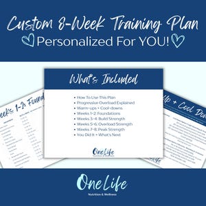 Może przedstawiać: Granatowa grafika z tekstem "Custom 8-Week Training Plan Personalized For YOU!" i trzema arkuszami informacyjnymi. Arkusze zawierają szczegóły "What's Included" i "Up + Cool Down". Logo One Life Nutrition & Wellness znajduje się na dole.