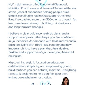 May include: A promotional image with the text "Who Am I?" in a stylized font. The image includes text describing a certified Functional Diagnostic Nutrition Practitioner and Personal Trainer. A woman is pictured at the bottom.