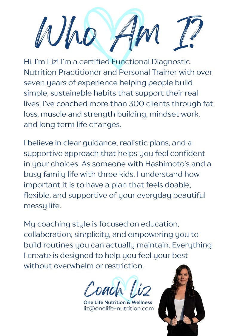May include: A promotional image with the text "Who Am I?" in a stylized font. The image includes text describing a certified Functional Diagnostic Nutrition Practitioner and Personal Trainer. A woman is pictured at the bottom.