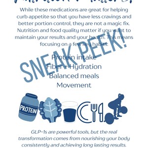 May include: A blue and white graphic with the text "Nutrition Matters!" and "SNEAK PEEK!". The image lists key habits for health, including protein intake, fiber, hydration, balanced meals, and movement. Icons of food and exercise are included.