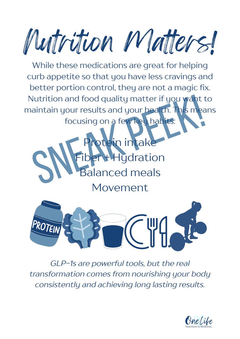 May include: A blue and white graphic with the text "Nutrition Matters!" and "SNEAK PEEK!". The image lists key habits for health, including protein intake, fiber, hydration, balanced meals, and movement. Icons of food and exercise are included.