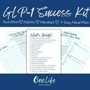 May include: A navy blue graphic with the text "GLP-1 Success Kit" and the words "Nutrition, Habits, Mindset, 7-Day Meal Plan." The image includes several pages with text, including "What's Inside?" and "Meal Planner."