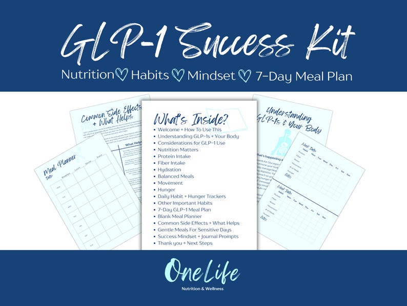 May include: A navy blue graphic with the text "GLP-1 Success Kit" and the words "Nutrition, Habits, Mindset, 7-Day Meal Plan." The image includes several pages with text, including "What's Inside?" and "Meal Planner."