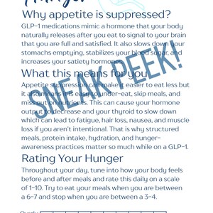 May include: Informational graphic with the title "Hunger" and text explaining appetite suppression and hunger rating. Includes a hunger scale from 1 to 10, and the One Life Nutrition & Wellness logo.