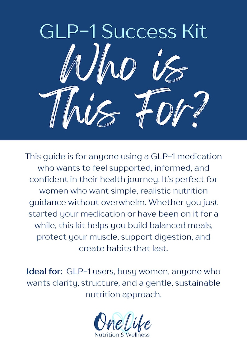 May include: A navy blue graphic with the text "GLP-1 Success Kit" and "Who is This For?" in white script. The text below describes a guide for GLP-1 users, offering nutrition guidance and support for a healthy lifestyle.