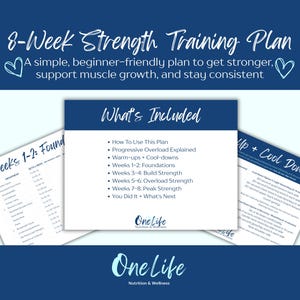 Może przedstawiać: Granatowy grafika z tekstem "8-Week Strength Training Plan". Plan zawiera przyjazny dla początkujących przewodnik, jak wzmocnić się, wspierać wzrost mięśni i zachować konsekwencję. Obejmuje rozgrzewki, wyciszenia i cotygodniowy trening siłowy.