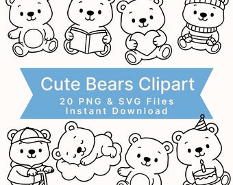 Björn Clipart | Svartvit linjeteckning (PNG- och SVG-filer)