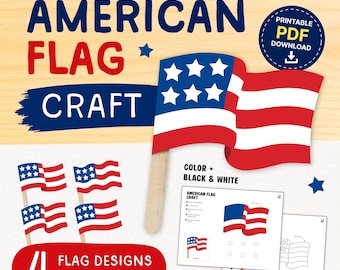 American Flag Popsicle Stick Craft Printable | 4th of July Kids PDF | Color BW