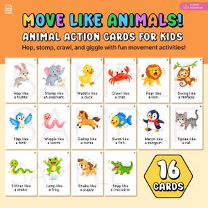 Printable animal action cards for kids featuring bunny elephant duck crab lion monkey penguin frog and other animals with fun movement prompts for preschool gross motor activities.