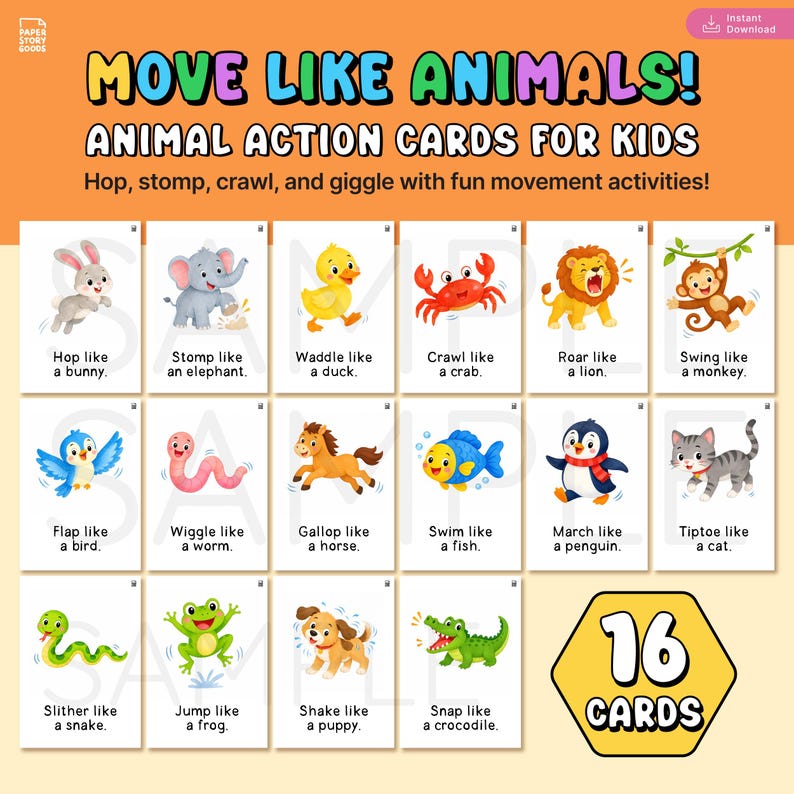 Printable animal action cards for kids featuring bunny elephant duck crab lion monkey penguin frog and other animals with fun movement prompts for preschool gross motor activities.