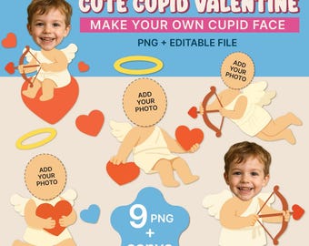 Cute Cupid Valentine PNG Set – Add Your Child’s Photo – 9 PNG Poses and Editable Canva Template