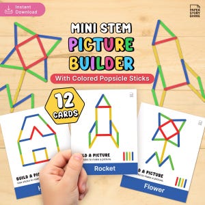 May include: A Mini STEM Picture Builder set with colored popsicle sticks. The image shows a set of 12 cards with illustrations of a house, rocket, and flower. The cards are held by a hand. The text on the cards reads "Build a Picture" and "Rocket" and "Flower".