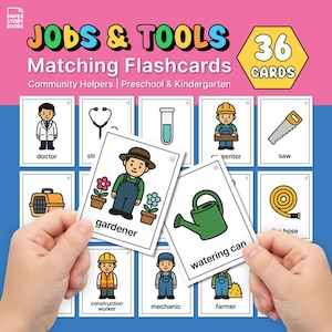 Tarjetas didácticas de emparejamiento de trabajos y herramientas / Actividades para ayudantes comunitarios / Tarjetas de aprendizaje para preescolar y jardín de infantes (PDF)