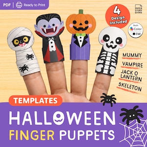 Puede incluir: Cuatro marionetas de dedo de papel con personajes de Halloween: una momia blanca con arañas, un vampiro con capa negra, una calabaza naranja con traje morado y un esqueleto blanco. El texto incluye "4 Design Included", "Mummy", "Vampire", "Jack O Lantern", "Skeleton", "Templates" y "Halloween Finger Puppets".