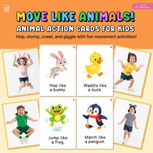 Printable animal action cards for kids featuring bunny elephant duck crab lion monkey penguin frog and other animals with fun movement prompts for preschool gross motor activities.