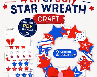 4th of July Star Wreath Craft Printable | Patriotic Paper Craft Kids PDF | Color BW