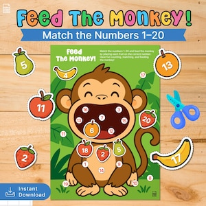 May include: A colorful educational game titled "Feed The Monkey!" featuring a cartoon monkey and numbered fruits. The game includes a monkey-shaped board with numbers 1-20, and fruit cutouts with corresponding numbers. The text "Match the Numbers 1-20" is displayed.