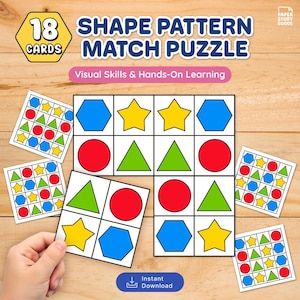 May include: A shape pattern match puzzle with 18 cards. The puzzle features colorful geometric shapes like stars, circles, triangles, and hexagons. The text on the puzzle reads "Shape Pattern Match Puzzle" and "Visual Skills & Hands-On Learning".
