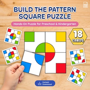 May include: A hands-on square puzzle for preschool and kindergarten. The puzzle features a large square divided into four sections with colorful geometric shapes. The image includes the text "Build the Pattern Square Puzzle" and "18 Cards".