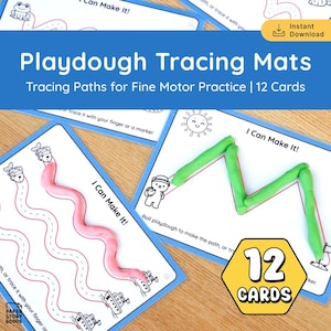 May include: Playdough tracing mats with blue borders and the text "Playdough Tracing Mats" and "Tracing Paths for Fine Motor Practice | 12 Cards". The mats feature tracing paths with pink and green playdough.