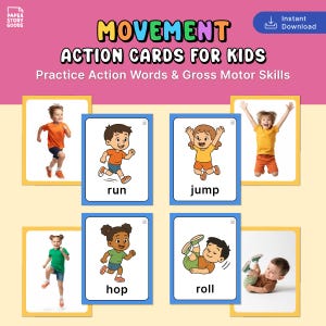 Movement action cards for kids showing run and jump flashcards with colorful illustrations."