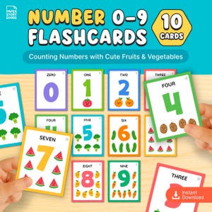 Könnte beinhalten: Zehn Lernkarten mit Zahlen von 0-9, jede Karte zeigt eine Zahl und passende Obst- und Gemüseillustrationen. Die Karten sind vor einem türkisfarbenen Hintergrund angeordnet, mit dem Text "Number 0-9 Flashcards" und "10 Cards".
