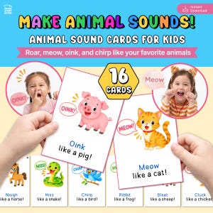 Può includere: Flashcard educative colorate per bambini con i suoni degli animali. Le carte presentano illustrazioni di animali come un maiale, un gatto, un cavallo e un serpente, con testi come "Oink come un maiale!" e "Miao come un gatto!" Il set include 16 carte.