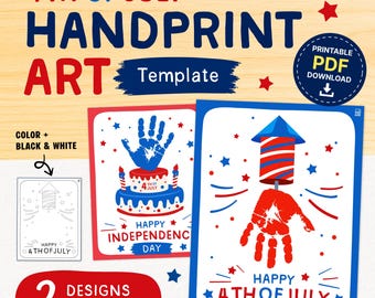 4th of July Handprint Art Printable | Patriotic Keepsake Template Kids PDF | Color BW