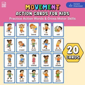 Movement action cards for kids showing run and jump flashcards with colorful illustrations."