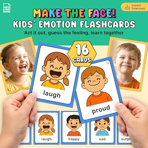 May include: Colorful flashcards for kids with the text "MAKE THE FACE! KIDS' EMOTION FLASHCARDS". The cards feature illustrations of children expressing emotions like laughing, being proud, happy, sad, and surprised. The set includes 16 cards.