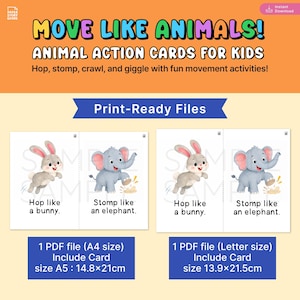 Printable animal action cards for kids featuring bunny elephant duck crab lion monkey penguin frog and other animals with fun movement prompts for preschool gross motor activities.