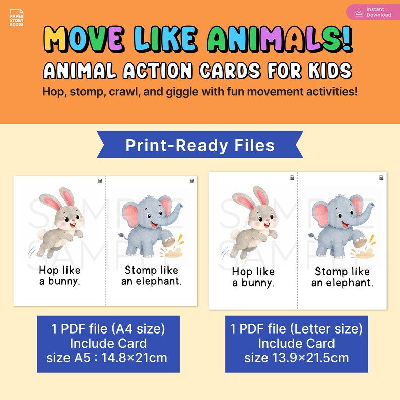 Printable animal action cards for kids featuring bunny elephant duck crab lion monkey penguin frog and other animals with fun movement prompts for preschool gross motor activities.