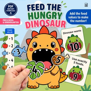 May include: A printable educational game titled Feed the Hungry Dinosaur featuring an orange cartoon dinosaur with a wide open mouth, food tokens with numbers, and instruction cards. The game includes a food value chart and math challenges.