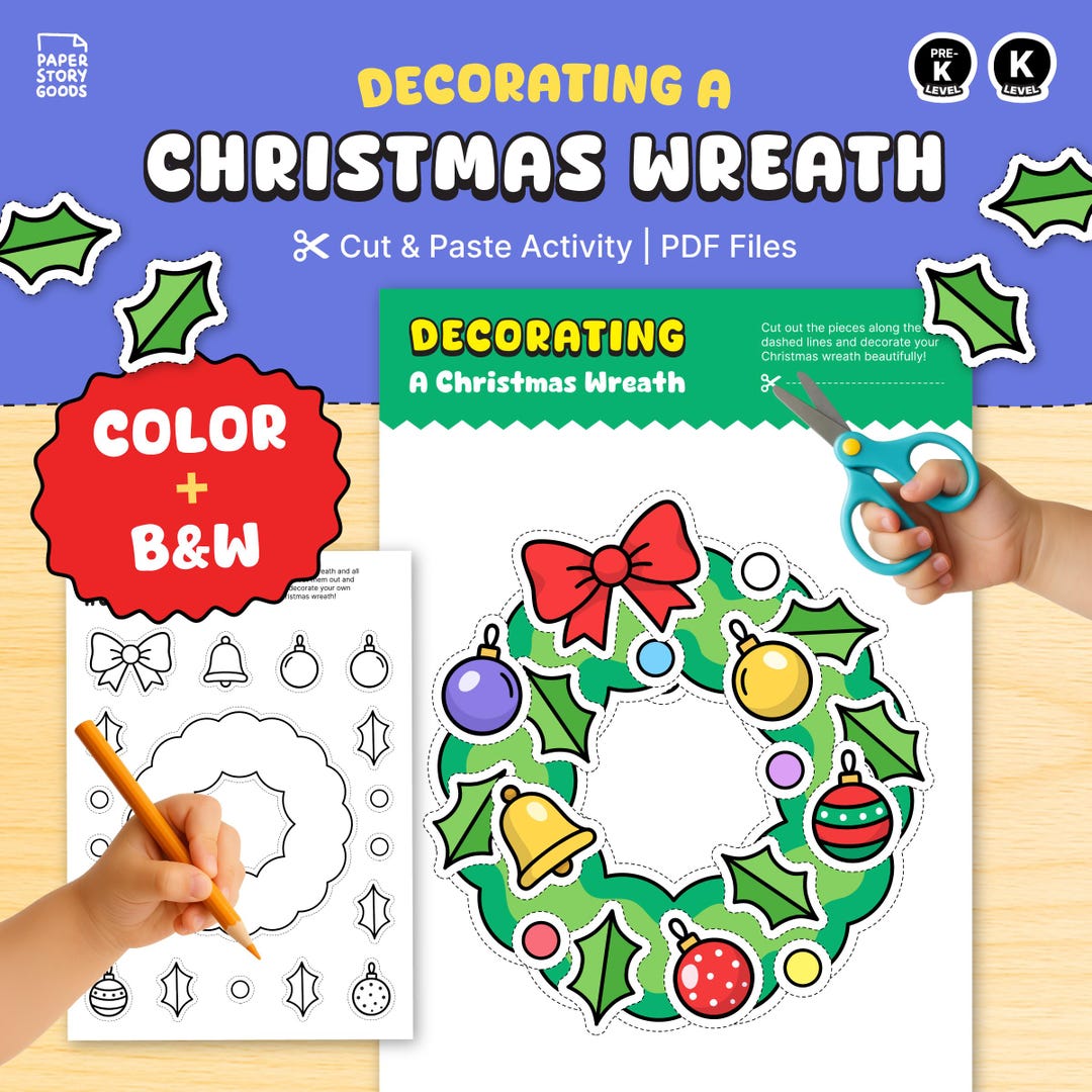Christmas Wreath Cut and Paste Worksheet Preschool & Kindergarten ...