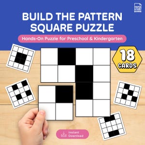 May include: A pattern square puzzle for preschool and kindergarten, featuring black and white designs. The image displays the text "BUILD THE PATTERN SQUARE PUZZLE" and "Hands-On Puzzle for Preschool & Kindergarten". The puzzle includes 18 cards.