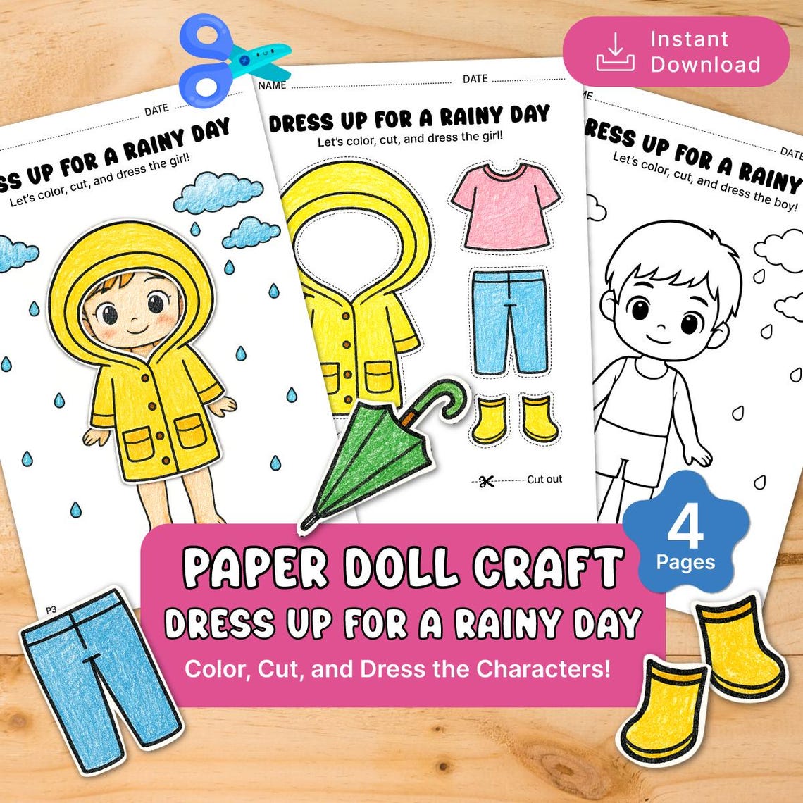 Rainy Day Paper Doll Craft | Color, Cut, and Paste Activity (PDF) - Etsy