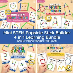 May include: A learning bundle with four educational games: Shape Builder, Picture Builder, Number & Symbol Builder, and Stick Count Builder. Each game uses colorful popsicle sticks and cards to teach shapes, pictures, numbers, and counting. The bundle includes 14, 12, 20, and 12 cards.