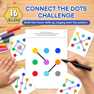 May include: A collection of 16 connect-the-dots challenge cards featuring colourful dot patterns. The cards are designed to build fine motor skills. The image includes markers and a hand holding a black marker, demonstrating the activity.